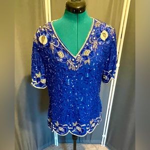 Royal Blue Silk Beaded Top. Made in India